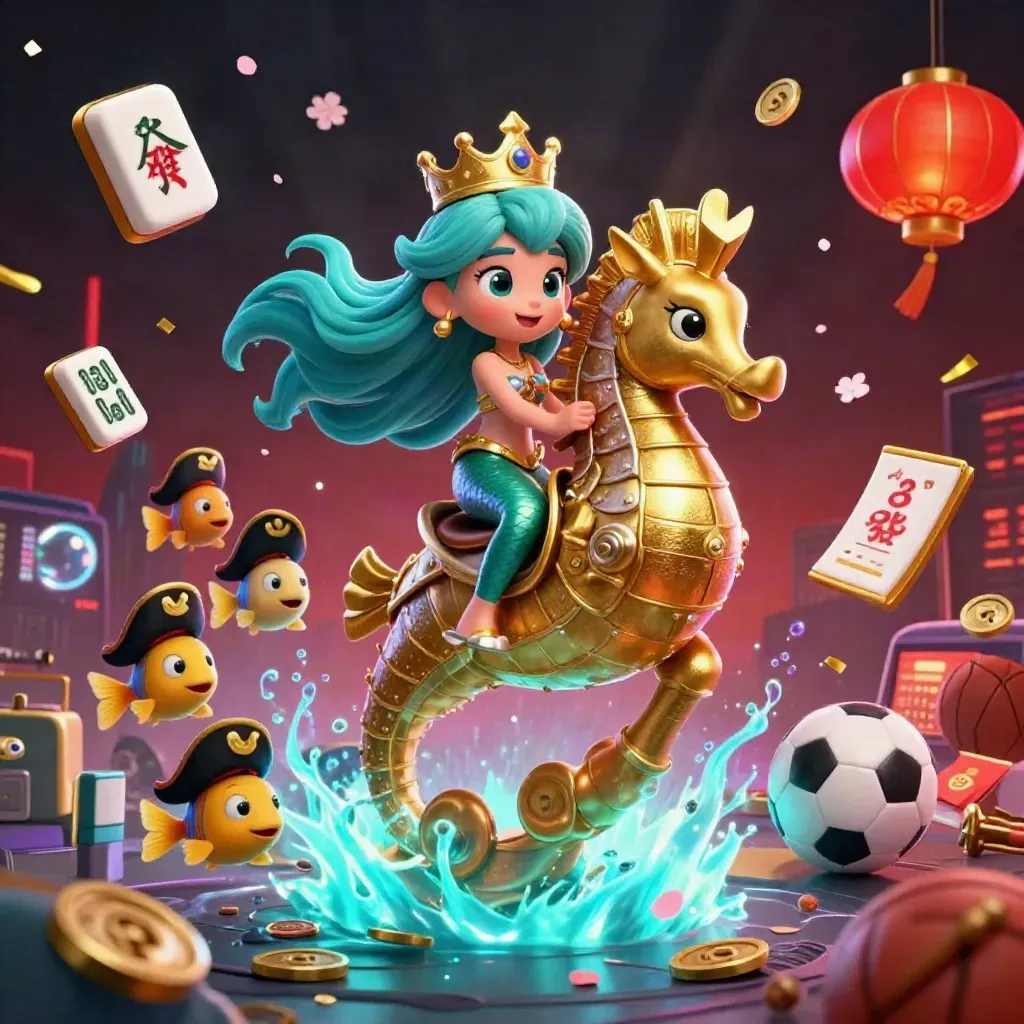 Mermaid princess on a golden seahorse amid casino treasure, lanterns, coins, bubbles, and sports props