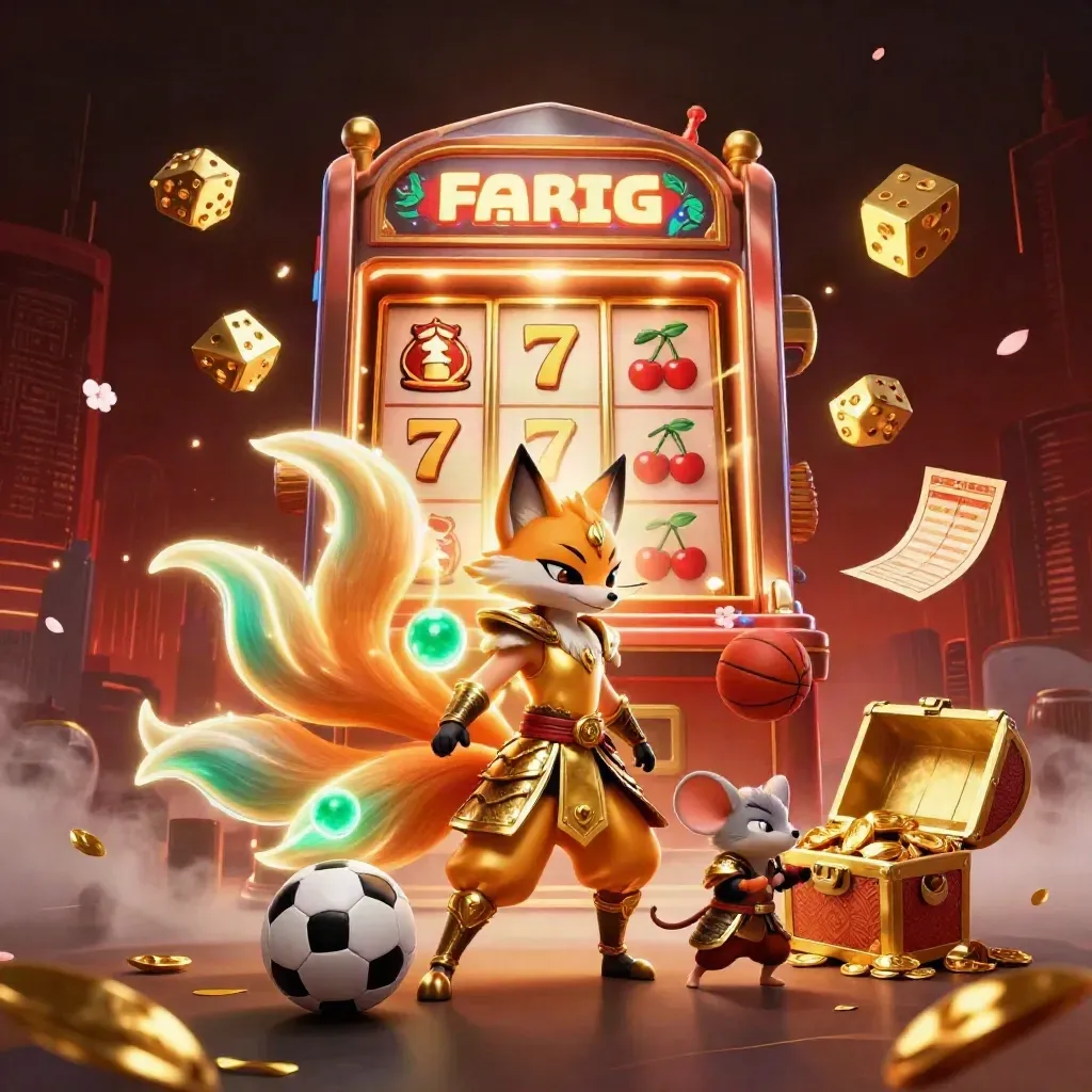Nine-tailed fox spirit and armored mouse amid slot bursts, balls, gold and neon light