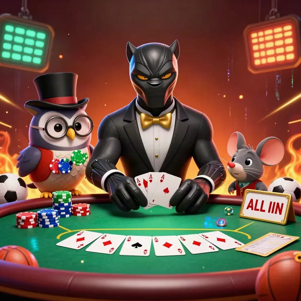 Panther, owl, and mouse amid chips, cards, balls, neon streaks, and casino glow