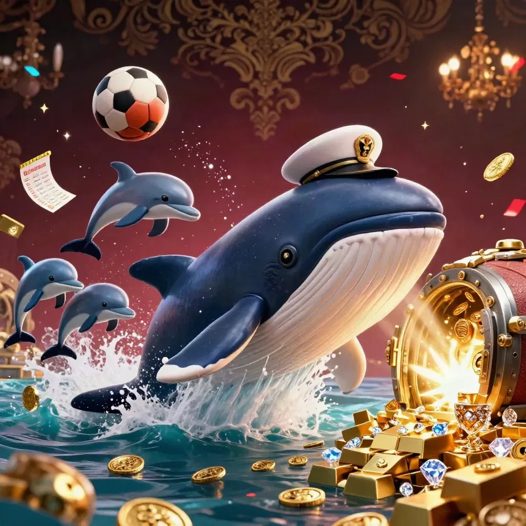Whale captain, narwhal and dolphins burst through coins under gold casino lights.