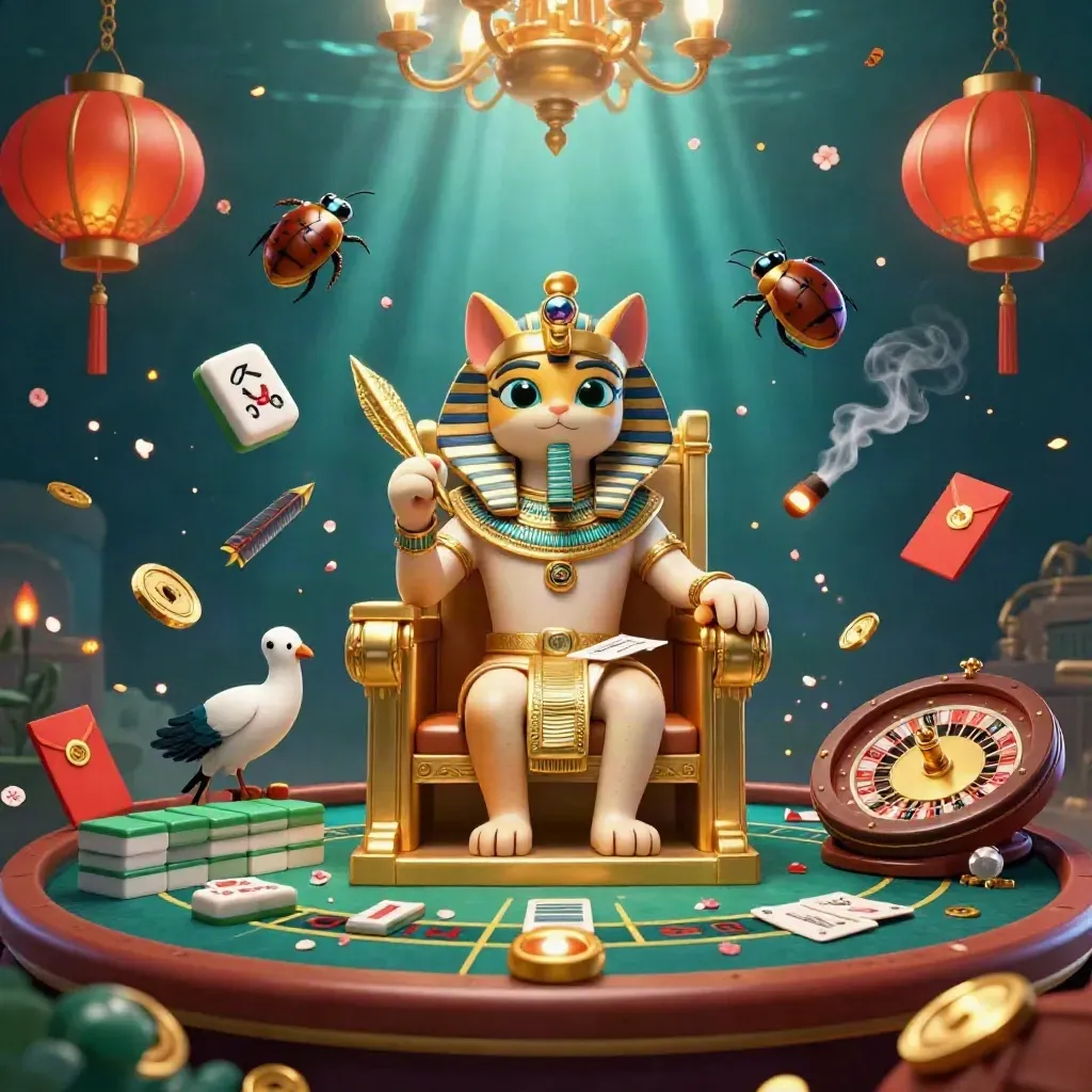 Pharaoh cat throne scene with ibis scribe, scarab wings, casino lights and flying game charms.