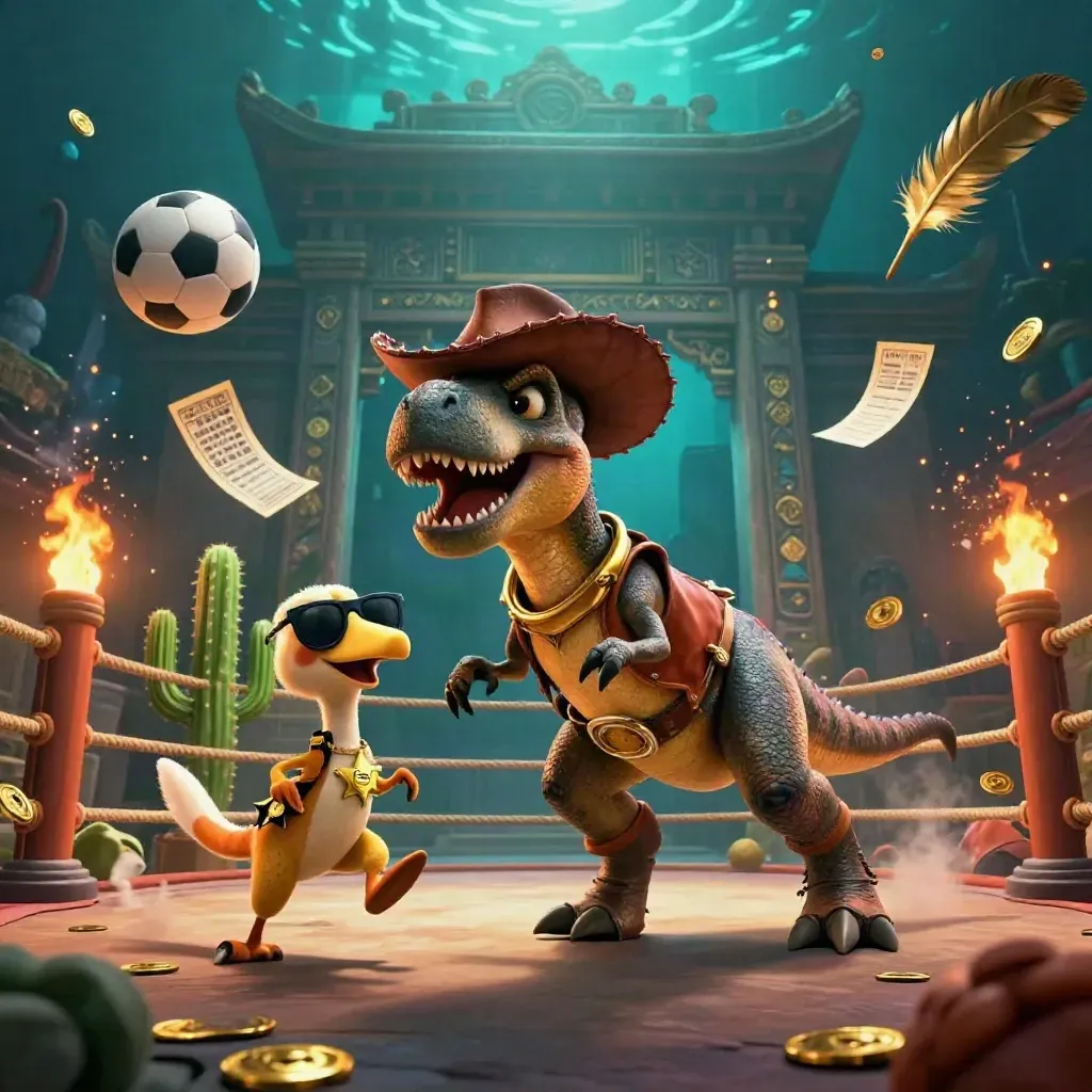 Cowboy T-Rex, cactus and roadrunner blast through coins, balls and torchlight in casino key art.