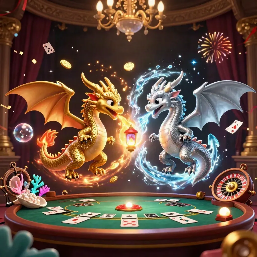 Gold and silver dragons swirl in a luxe casino treasure cove under chandelier glow.