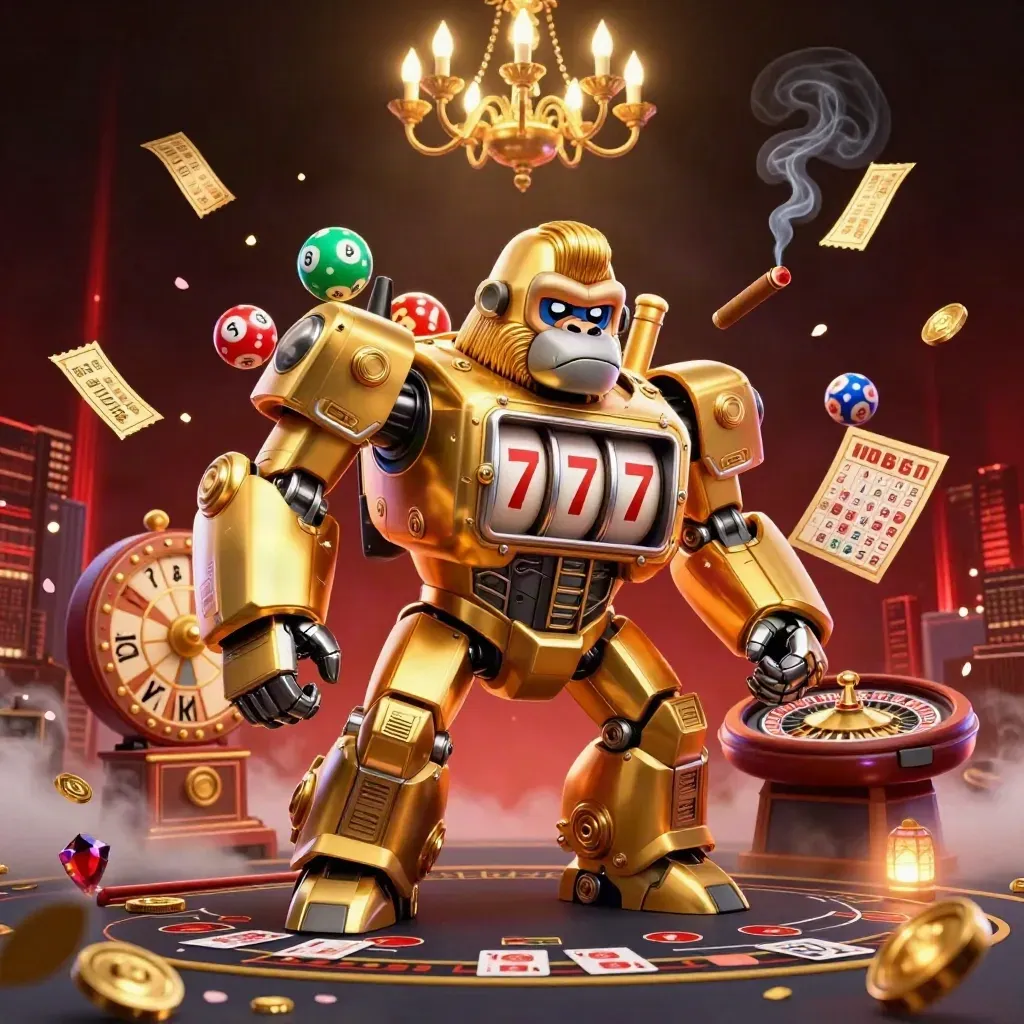 Golden gorilla mech with monkey pilot amid casino lights, reels, and lucky effects