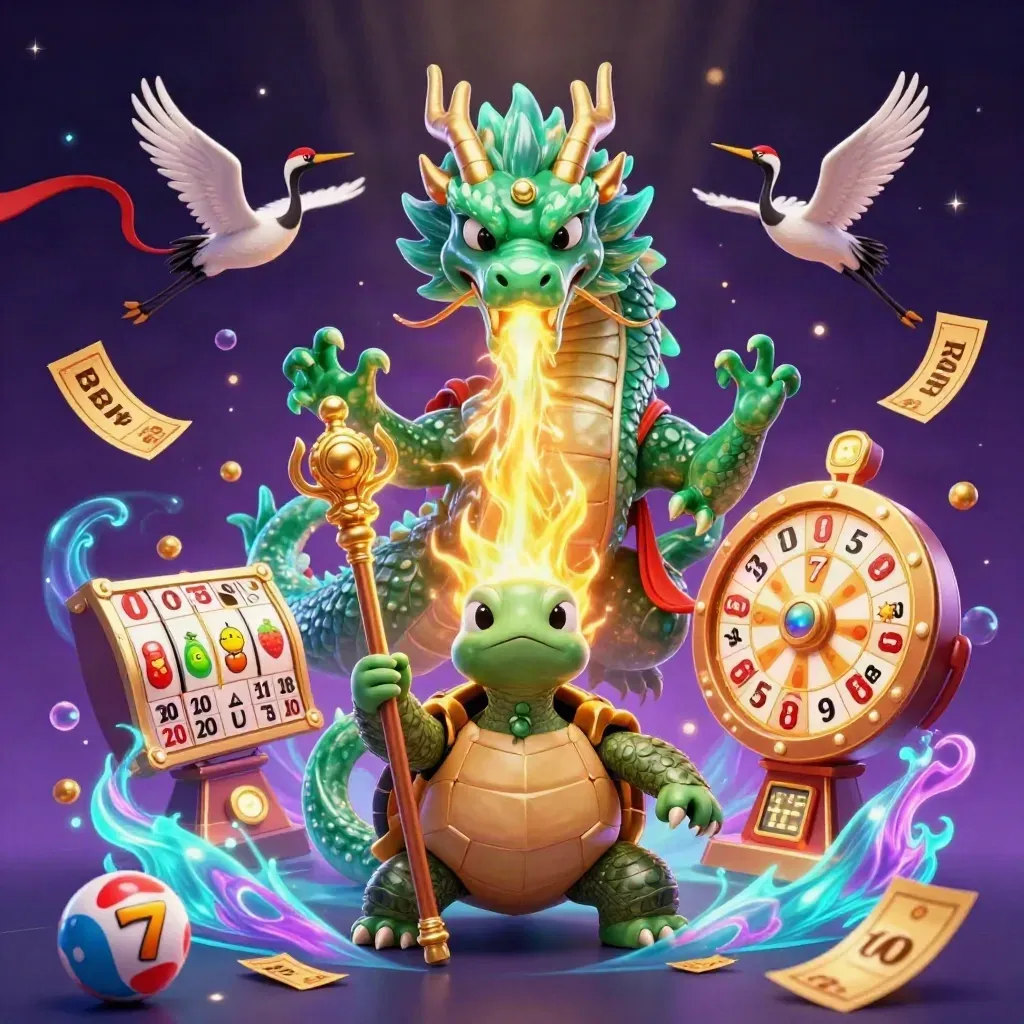 Emerald dragon, turtle sage, and cranes amid casino prizes, bubbles, and golden fire.
