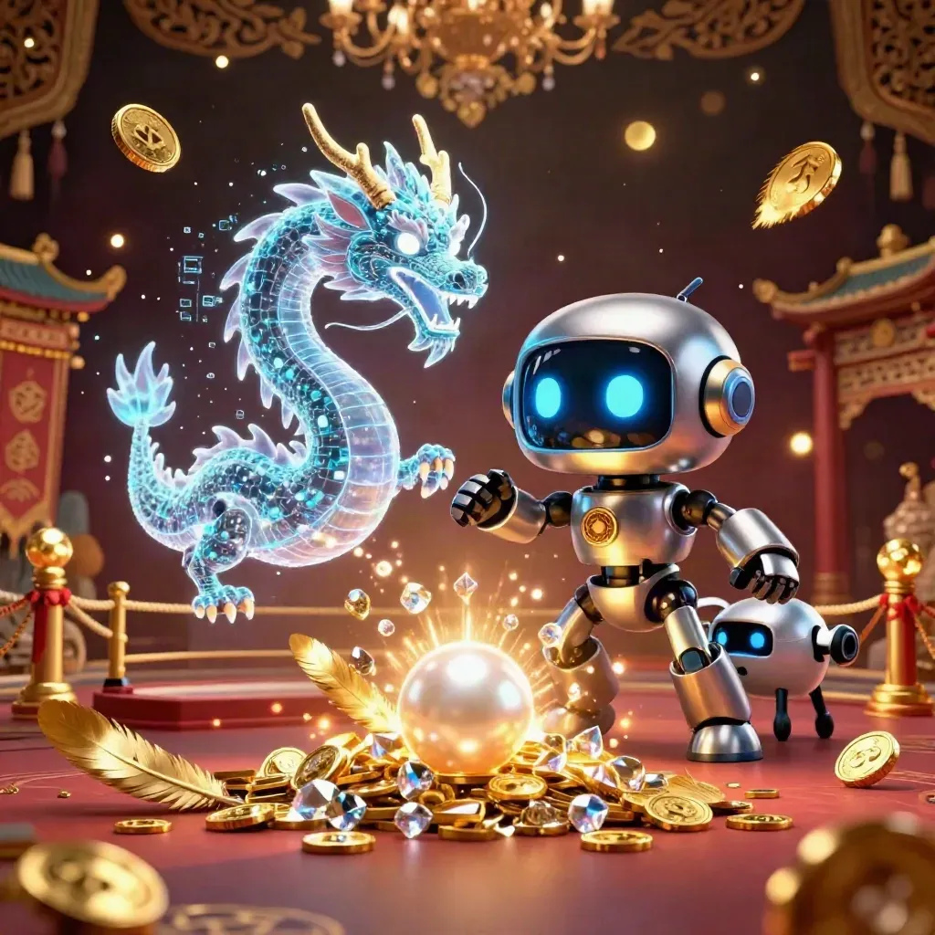 Cyberpunk robot, holographic dragon and coin drone amid pearls, gold sparks, temple gate and damask glow.