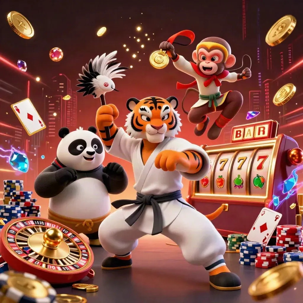 Tiger, panda, and monkey in a casino-style action scene with coins, chips, cards, and neon energy.