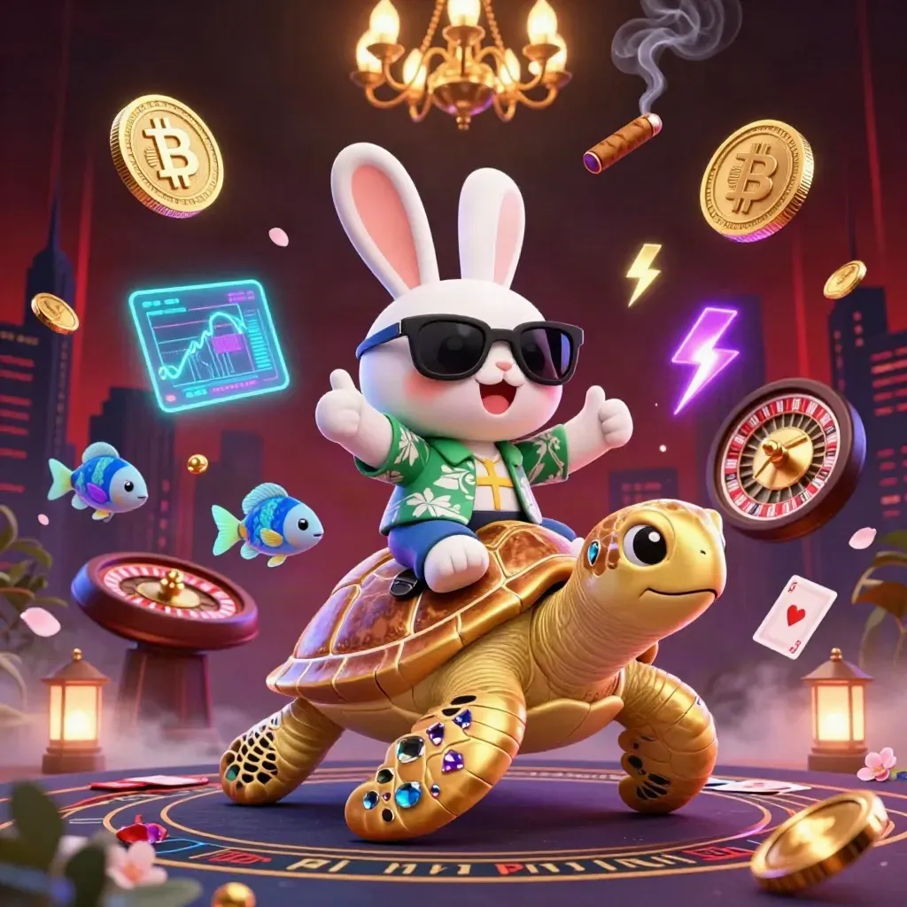 Lucky rabbit on golden turtle amid neon casino crypto effects and luxe red-gold lighting