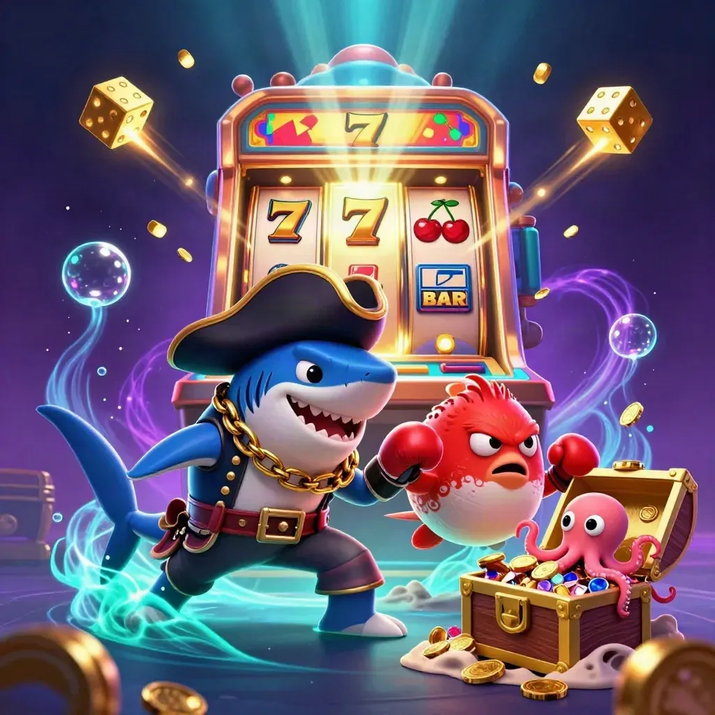 Pirate shark, boxing pufferfish, and coin-juggling octopus amid exploding jackpot slot symbols