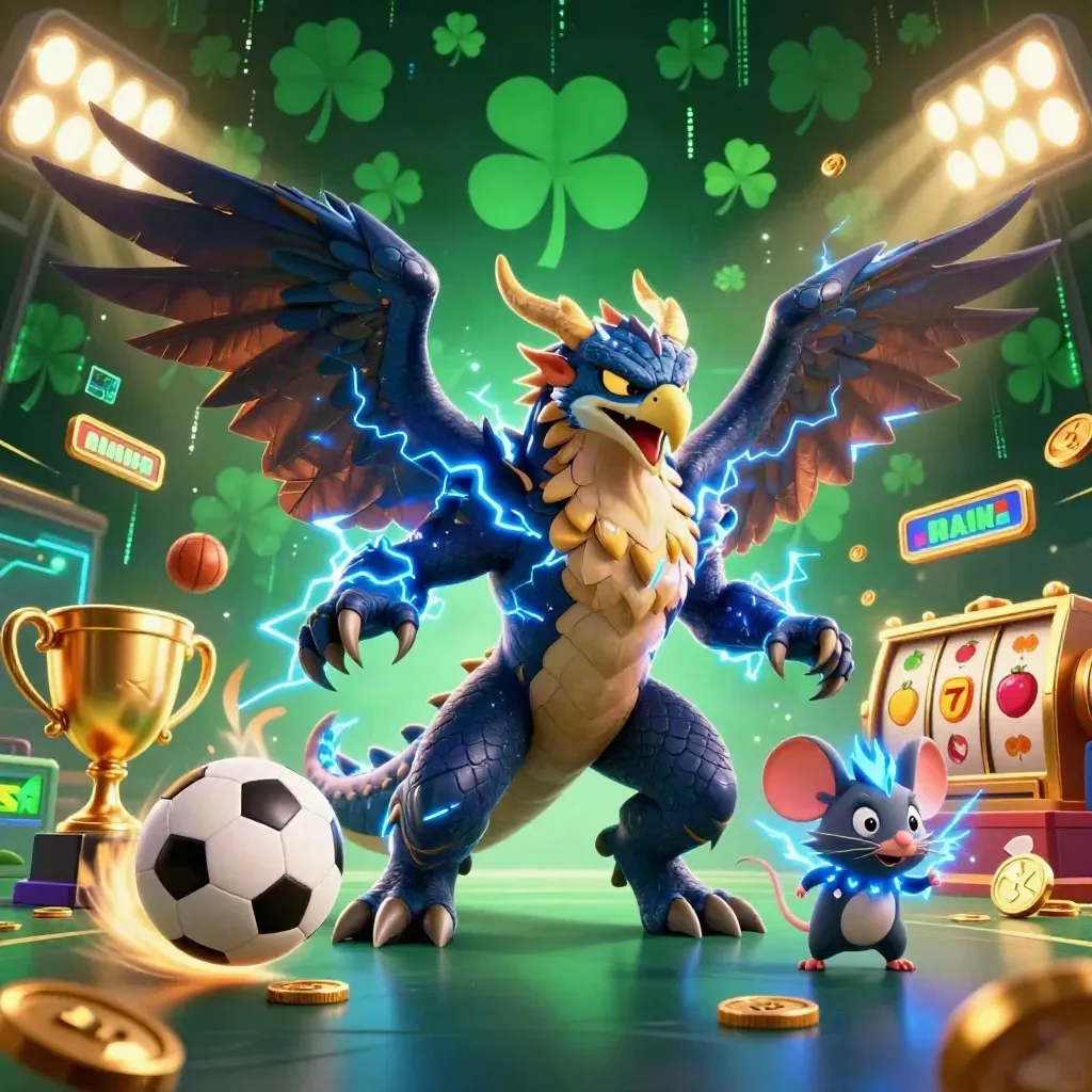 Thunder dragon, wind hawk and static mouse amid casino props and neon lightning