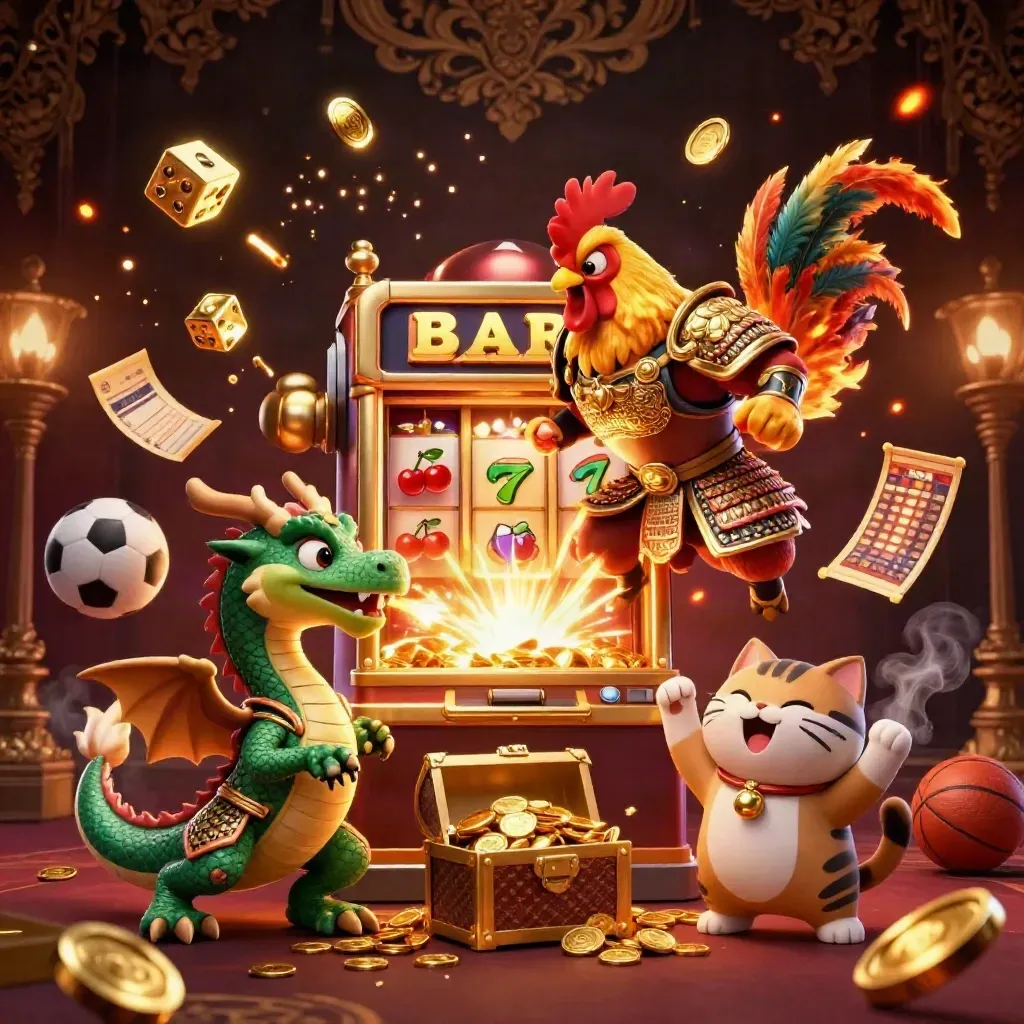 Rooster samurai, spark-breathing dragon hatchling, and cheering fortune-cat amid exploding casino loot.