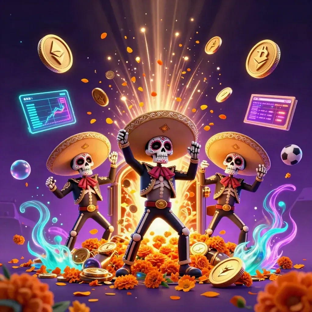 Skeleton mariachi trio amid bursting gold coins, crypto coins, and casino lights
