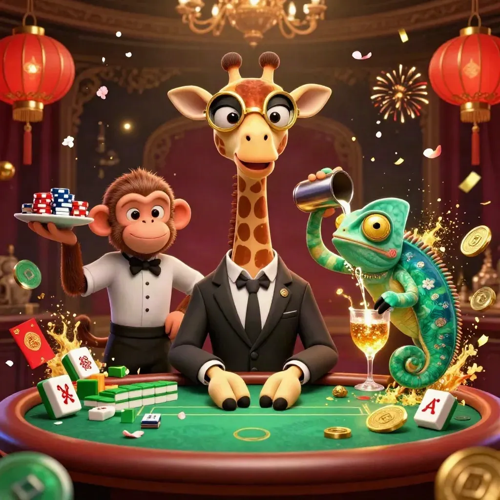 Suit-clad giraffe, monkey valet and chameleon bartender amid casino treasure and glowing lanterns