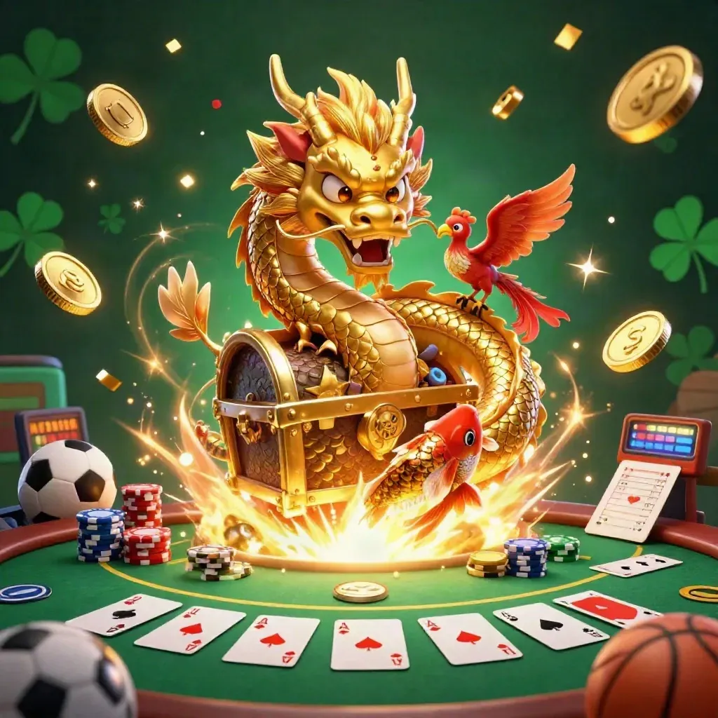 Golden dragon with phoenix and koi amid casino chips, cards, sports props and fireworks.