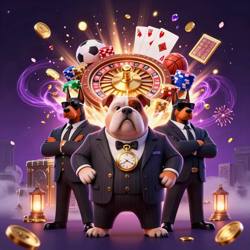 Bulldog casino boss with Doberman guards amid exploding gold coins, chips, cards, and fireworks