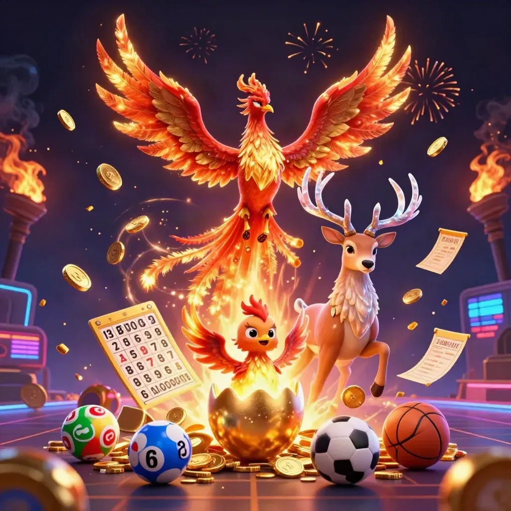 Phoenixes and a crystalline stag burst amid coins, lottery balls, and casino lights in a dark neon scene.