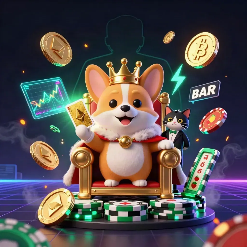 Royal corgi and cat butler amid chips, coins, reels, embers, and neon casino glow.