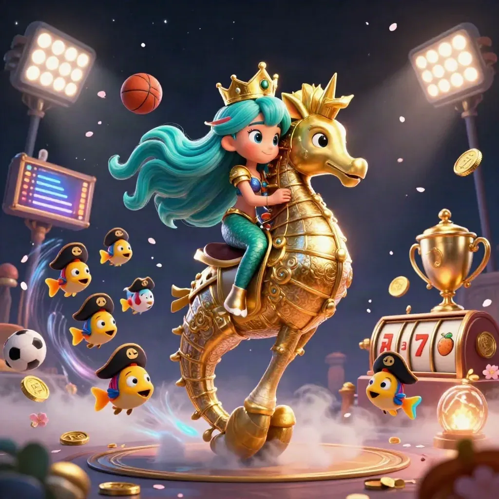 Mermaid princess on gold-armoured seahorse amid pirate fish, sports balls, reels and casino sparks.