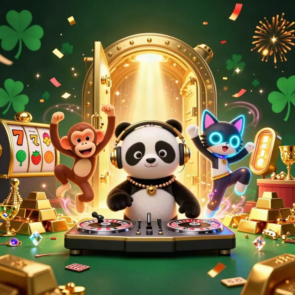 DJ panda, monkey, and kitten amid treasure, reels, gold, confetti, and emerald casino glow.