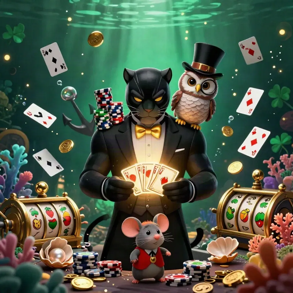 Panther dealer, owl gambler, and lucky mouse in a glowing treasure cove casino scene.