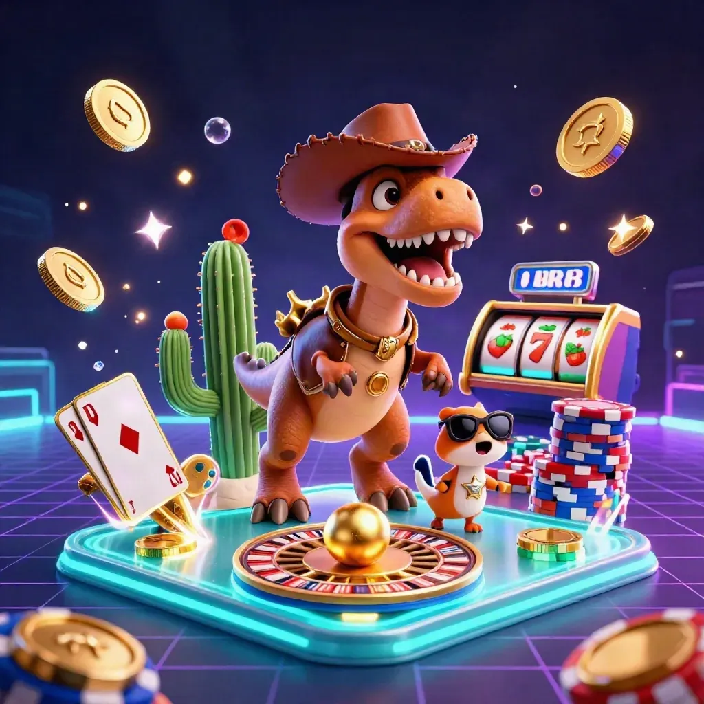 Cowboy T-Rex, cactus sidekick, and roadrunner amid casino chips, coins, cards, and neon glow.