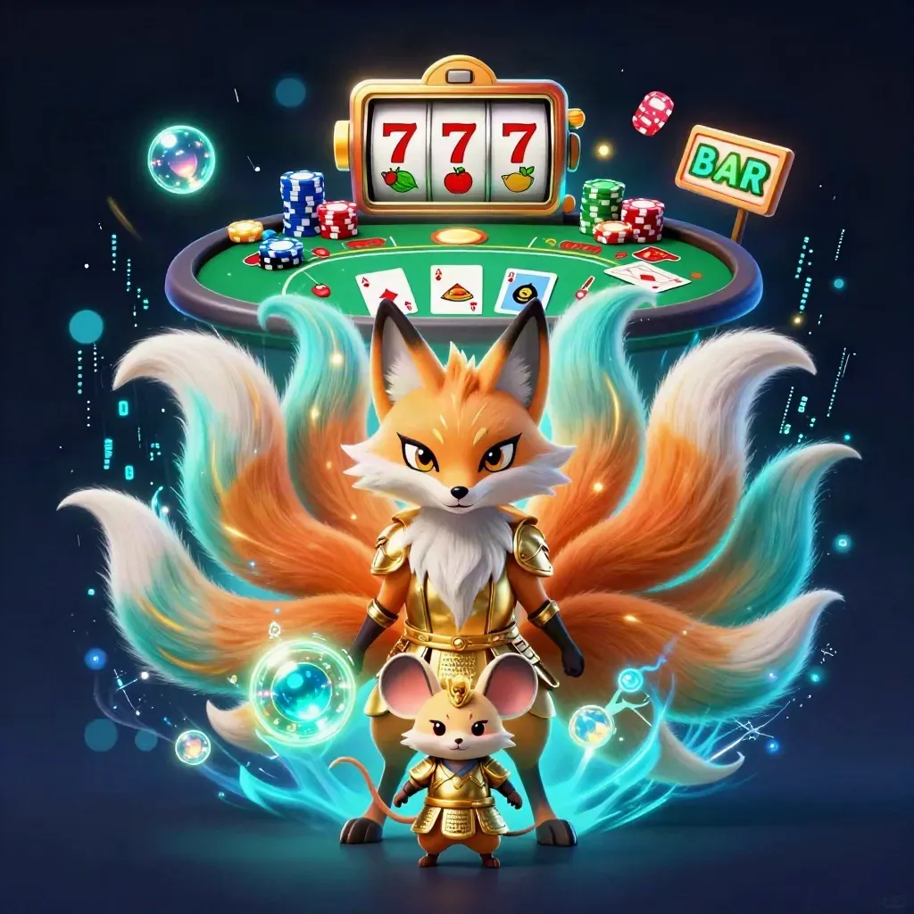 Nine-tailed fox spirit with armored mouse amid casino chips, cards, reels, and neon energy