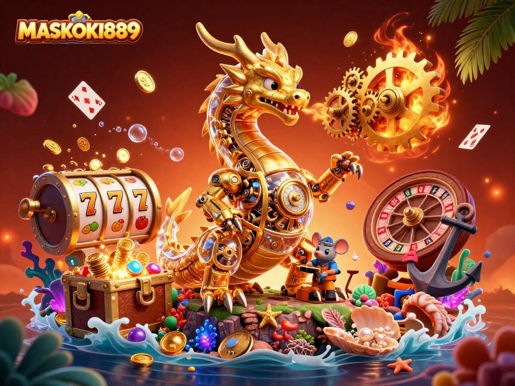 Engage with MASKOKI889 in a vibrant 3D casino scene featuring a golden dragon and treasure.