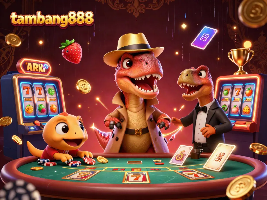 Permainan casino pada situs tambang888 dengan karakter unik dalam ilustrasi 3D yang penuh warna.