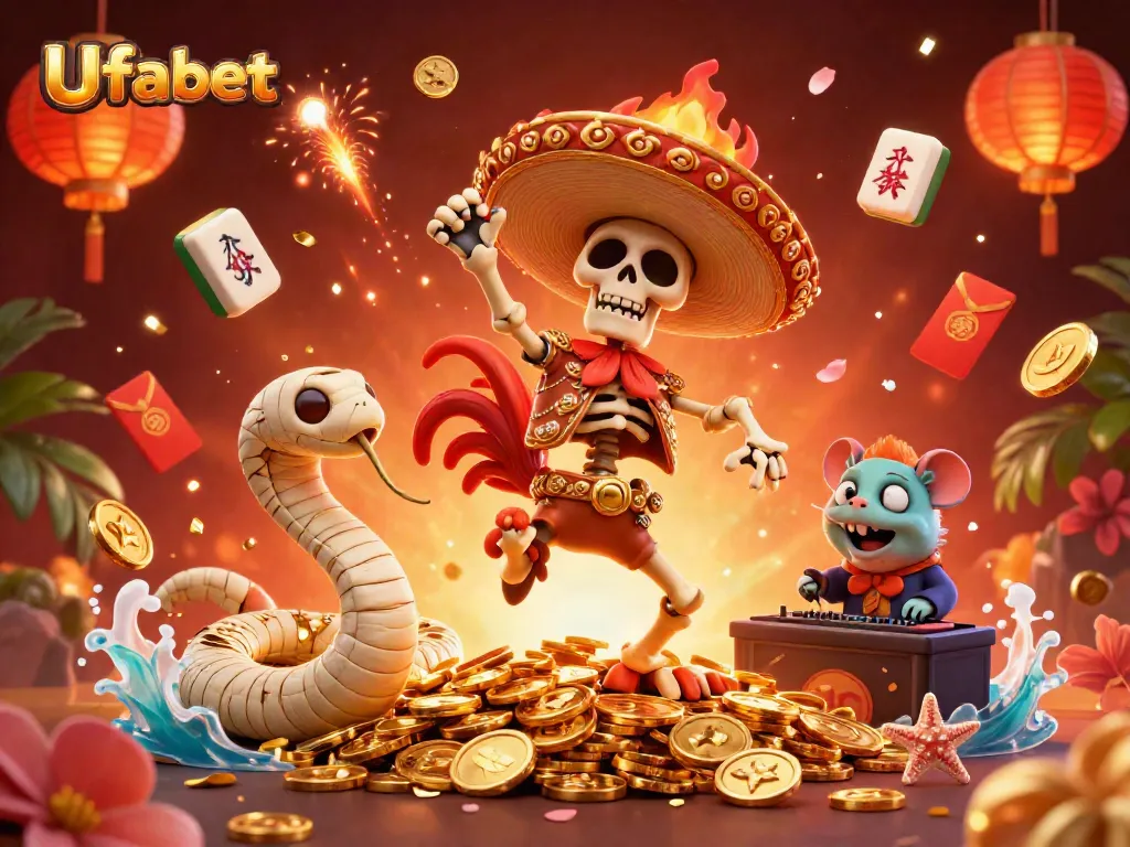 Experience Ufabet with lively characters celebrating on golden coins in a vibrant casino scene.