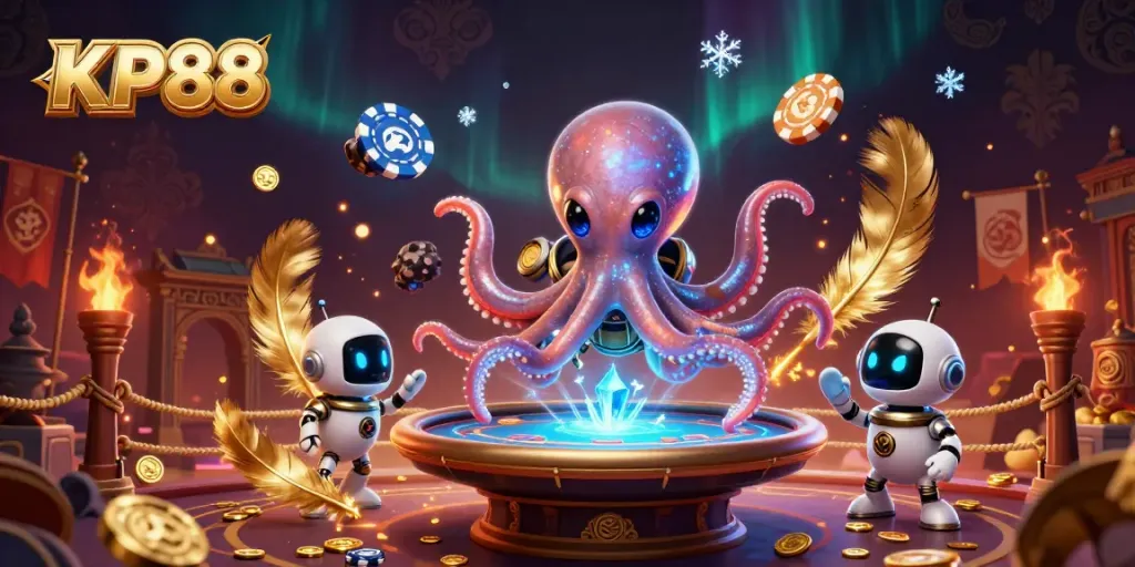Experience KP88's thrilling gameplay featuring an alien octopus at a holographic poker table amid a cosmic casino scene.