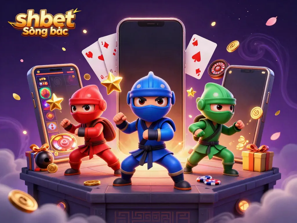 shbet Sòng bạc showcases ninja chameleons in martial arts poses, surrounded by slot games and casino elements.