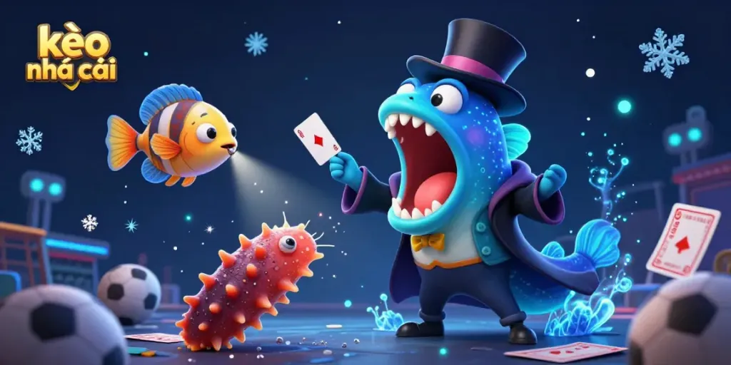 Performing magic with kèo nhà cái alongside sports elements, a vibrant underwater scene featuring unique characters.