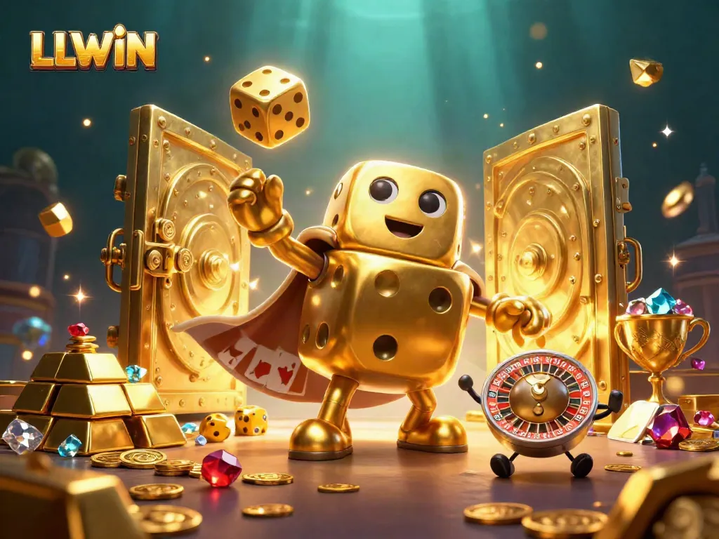 Experience thrilling gaming action with LLWIN's elaborate casino scene featuring golden dice and treasure.