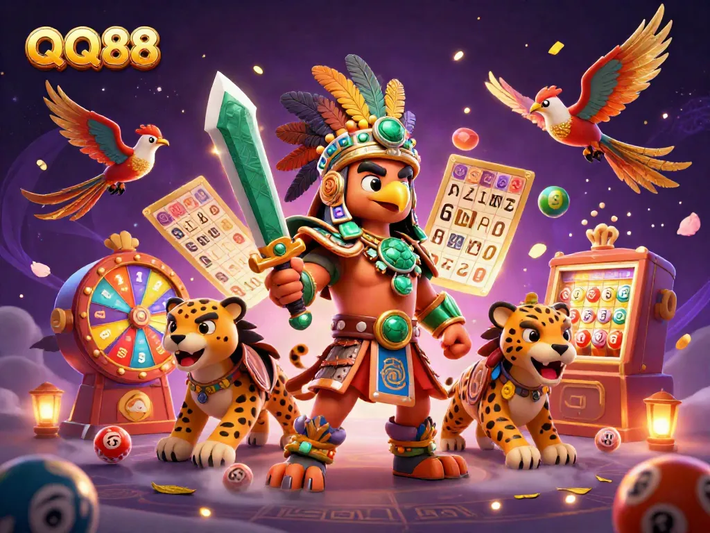 Experience the excitement of QQ88 with dynamic lottery elements and Aztec warriors in a thrilling online casino scene.