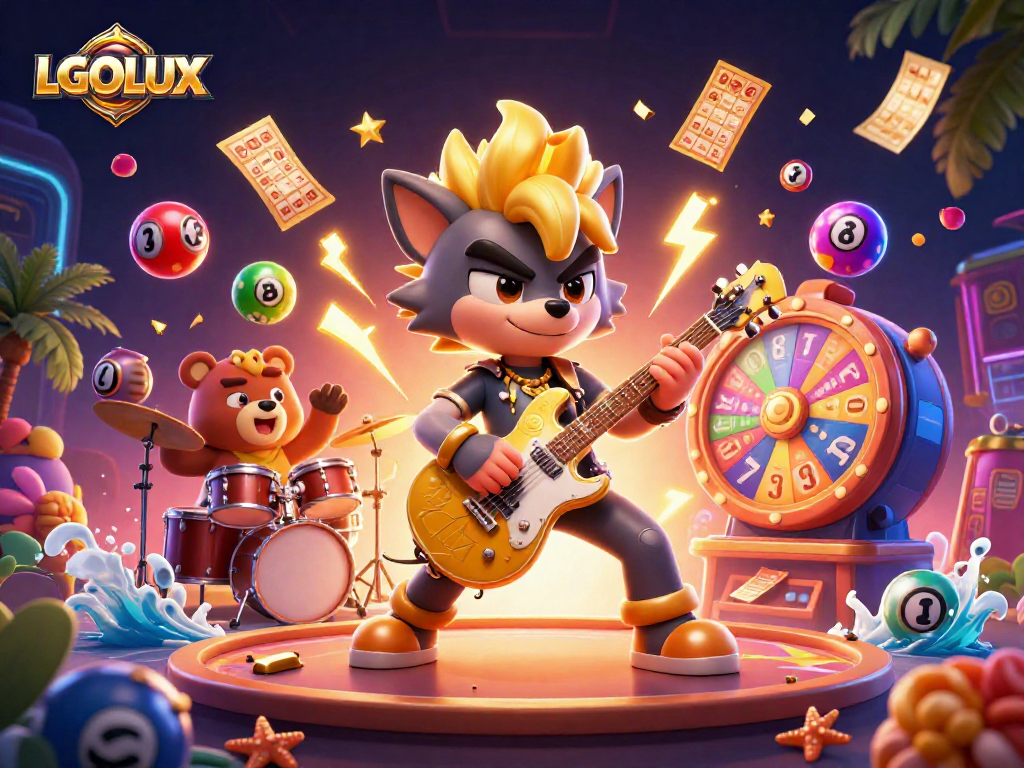 Experience the excitement of LGOLUX with a vibrant casino-themed 3D illustration showcasing colorful games.