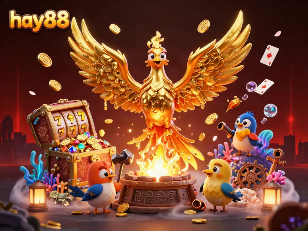 hay88 immerses players in a vibrant 3D casino world with gold-filled characters and lively gaming elements.