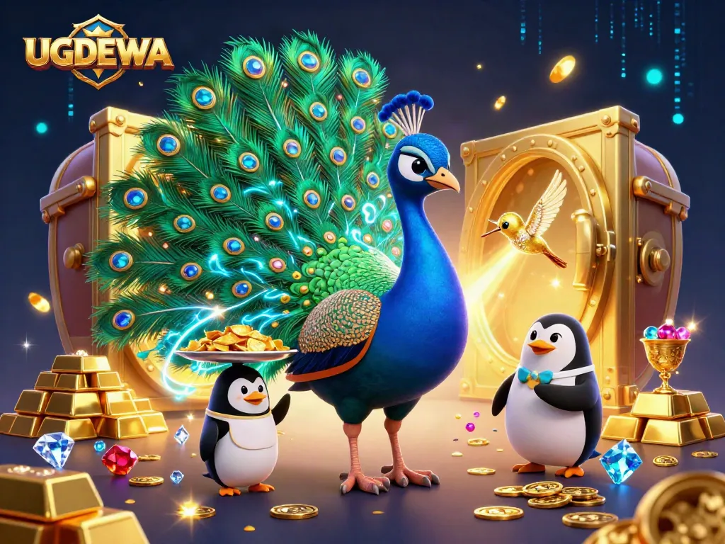 Engage with UGDEWA's thrilling games featuring peacock, penguin, and hummingbird in a vibrant casino scene.