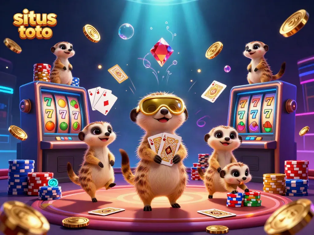 Experience the thrill of situs toto with meerkats running a lively casino operation showcasing slots and chips.