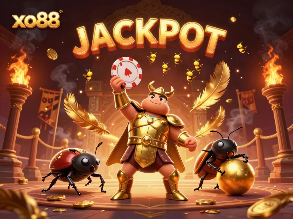 Engage with exciting gameplay at xo88 as a victorious beetle lifts a poker chip amidst shimmering casino elements.