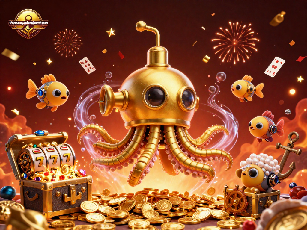 thestrategicprojectsteam showcases a vibrant 3D casino scene filled with slot reels and gold coins.