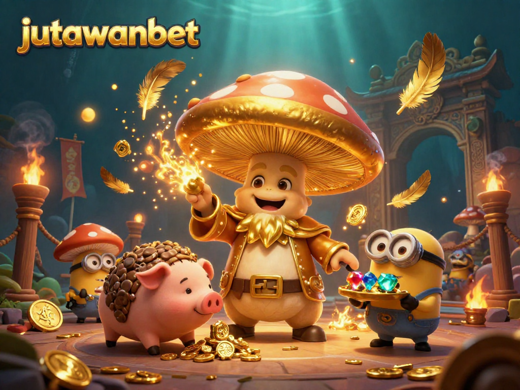 Experience the magic of jutawanbet with a vibrant 3D casino illustration showcasing golden treasures and playful characters.