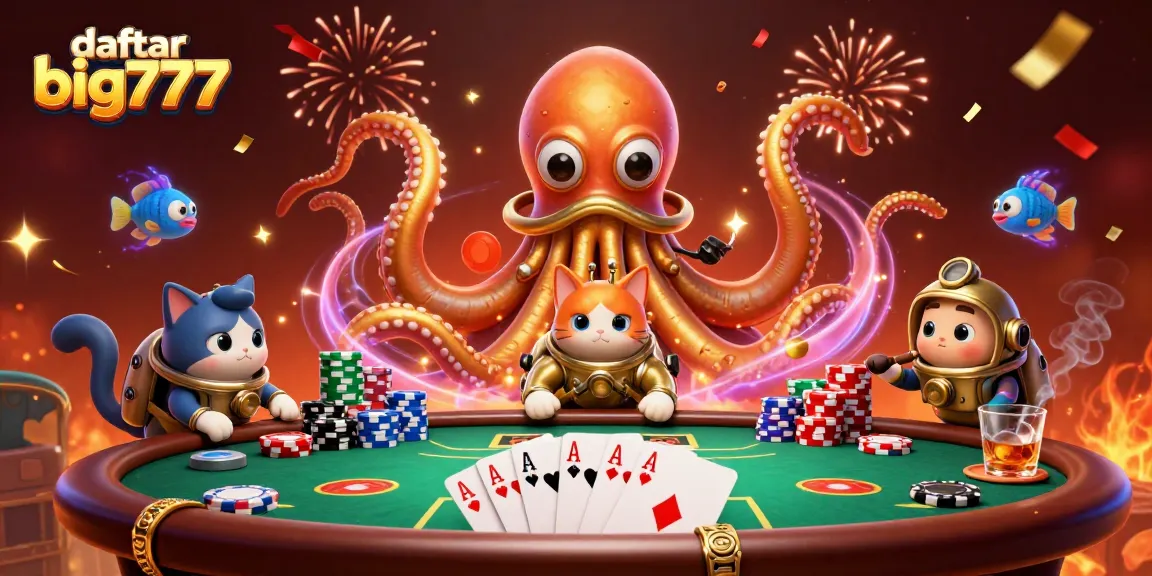 Experience daftar big777 in a vibrant 3D casino scene with card games and festive lights.