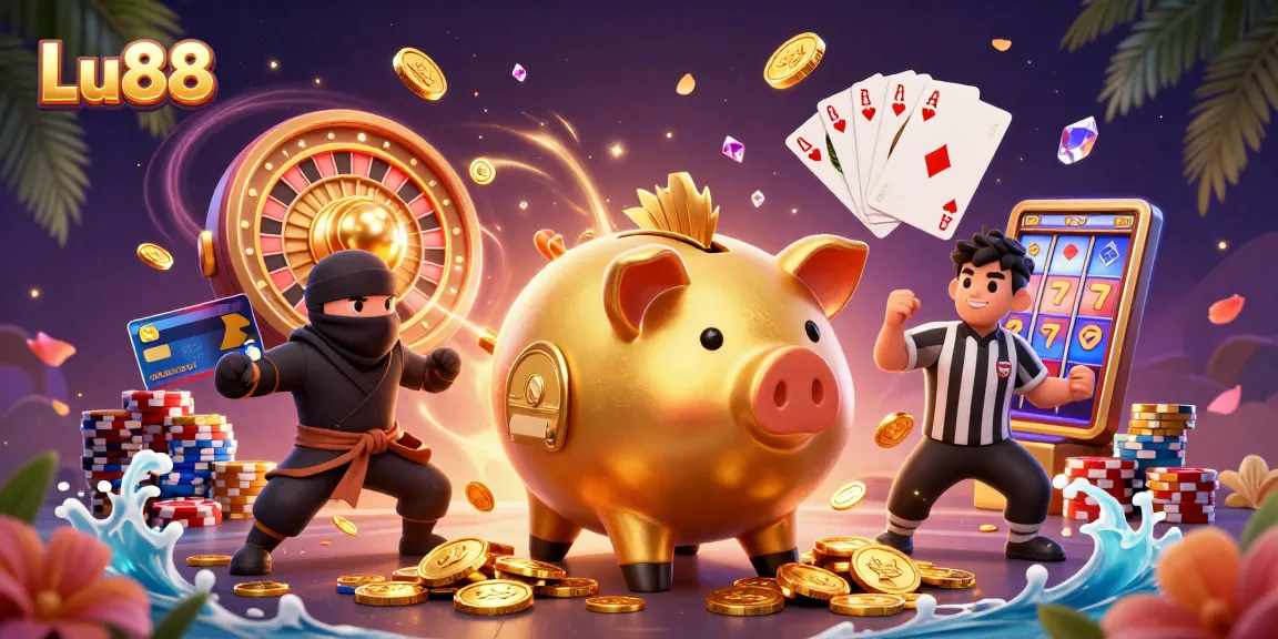 Lu88 piggy bank sumo wrestler interacting with a wallet-ninja and credit-card referee amidst a vibrant casino scene.