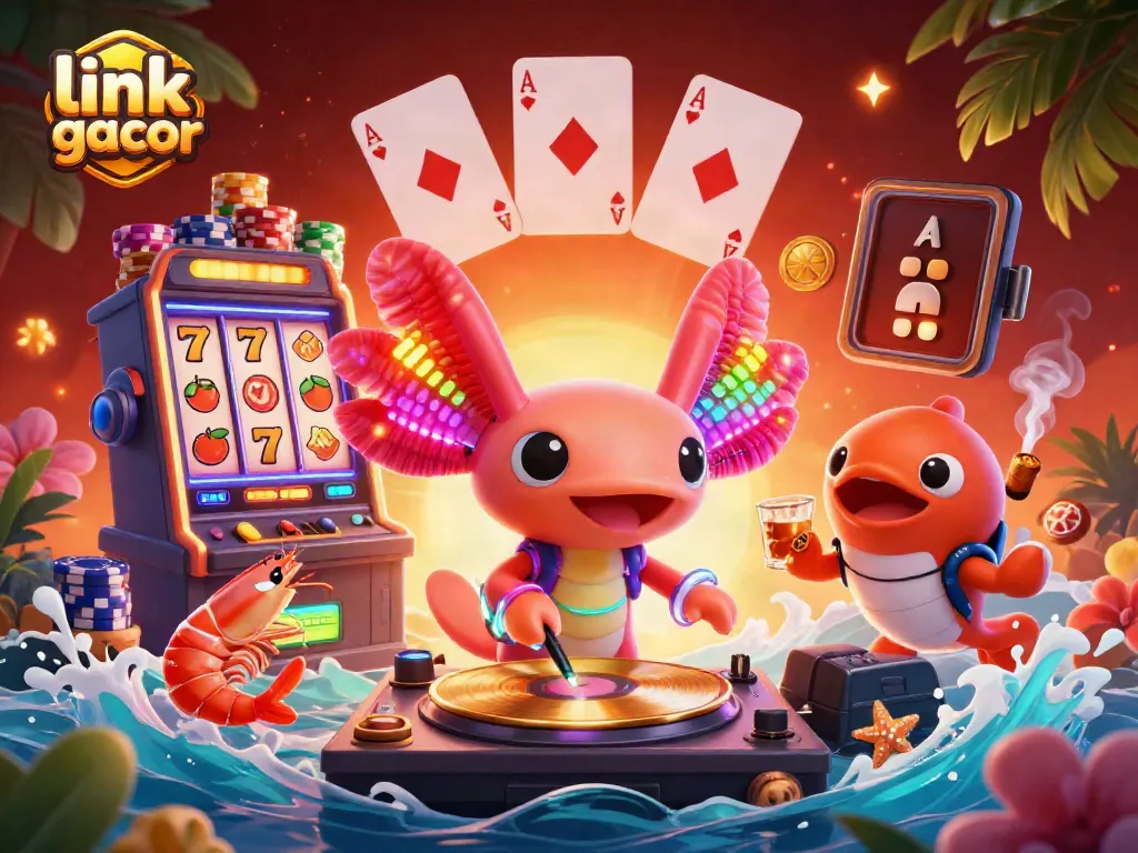 Spin and win at link gacor with a vibrant 3D casino party featuring colorful characters and slot machines.