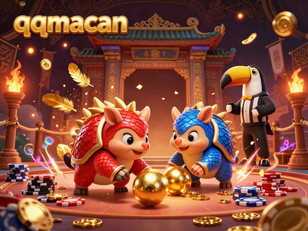 Engage with qqmacan as rival pangolins battle through golden balls and poker chips in a vibrant gaming arena.