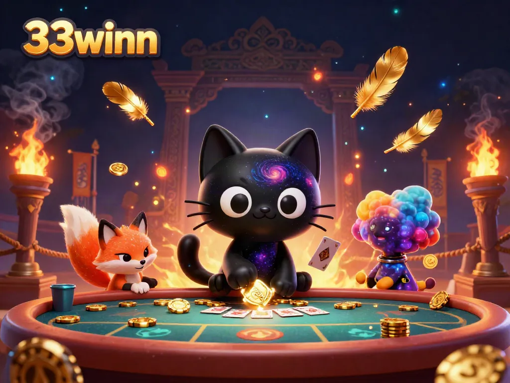 33winn casino scene showcasing a black hole cat captivating golden chips and cards while surrounded by vibrant elements.