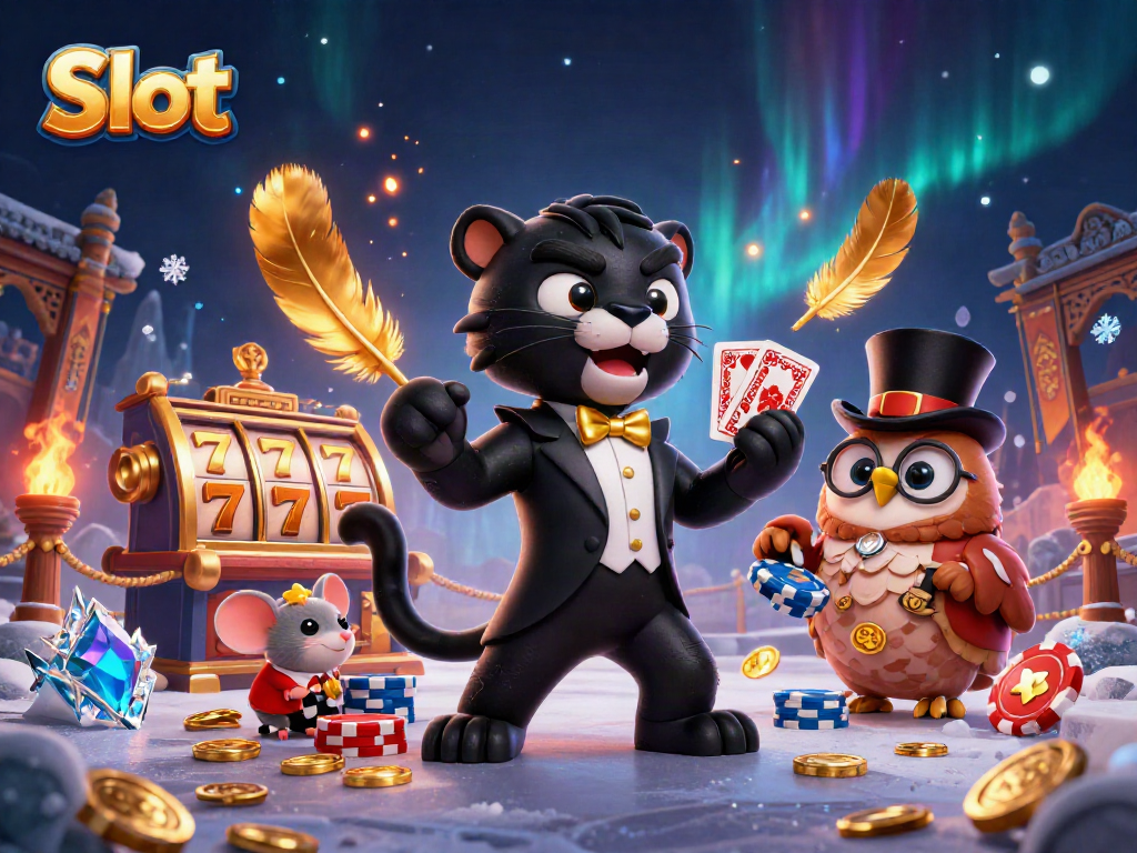 Experience thrilling Slot games with a stylish panther, owl, and lucky mouse in a vibrant 3D scene.