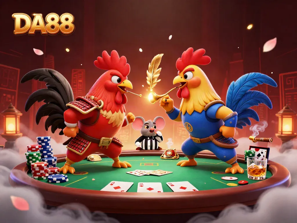 DA88 battles come alive with dynamic roosters facing off at a vibrant poker table.