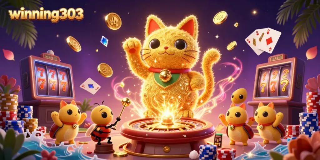 Winning303 showcase featuring golden lucky cat and casino elements celebrating online gaming.