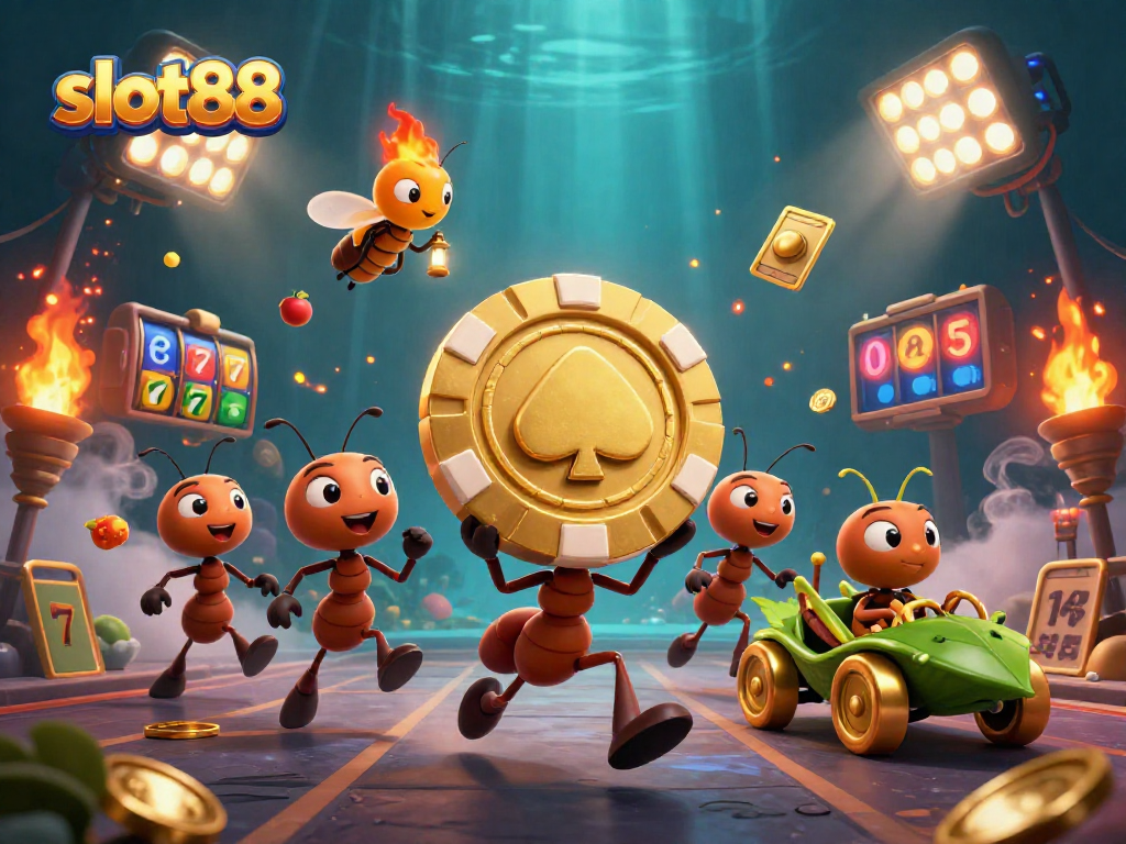 Experience slot88 excitement as 3D ants heist golden poker chips amidst jackpot thrills.
